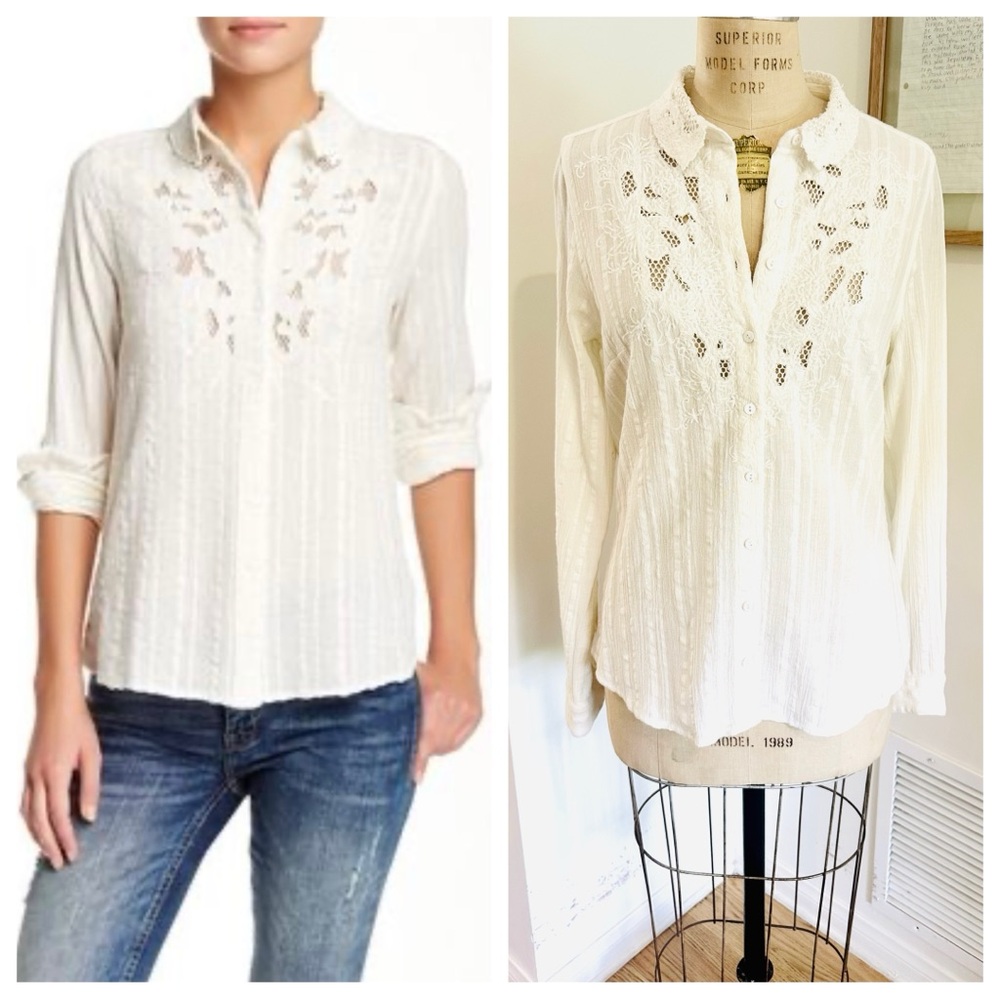 Free People Carter Dobby Embroidered Button Down in Ivory, Medium